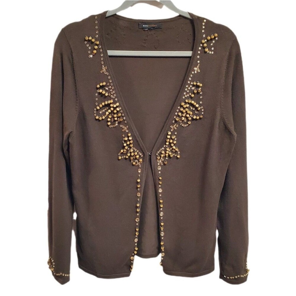 BCBG Max AZRIA Brown Beaded Rhinestone Cardigan Sweater M